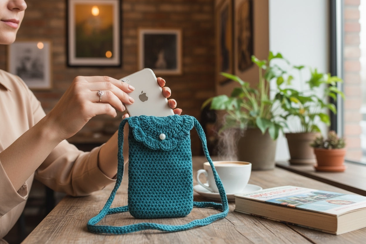Bolso para el Móvil tejido a crochet color turqueza