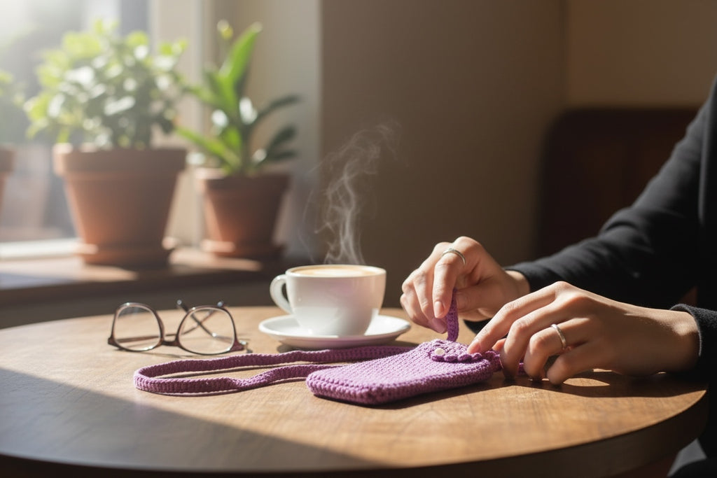 Bolso tejido a crochet para el móvil color rosa