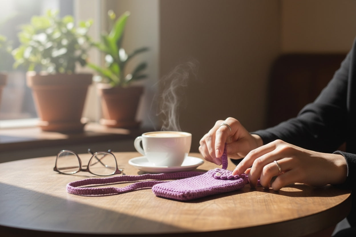 Bolso tejido a crochet para el móvil color rosa