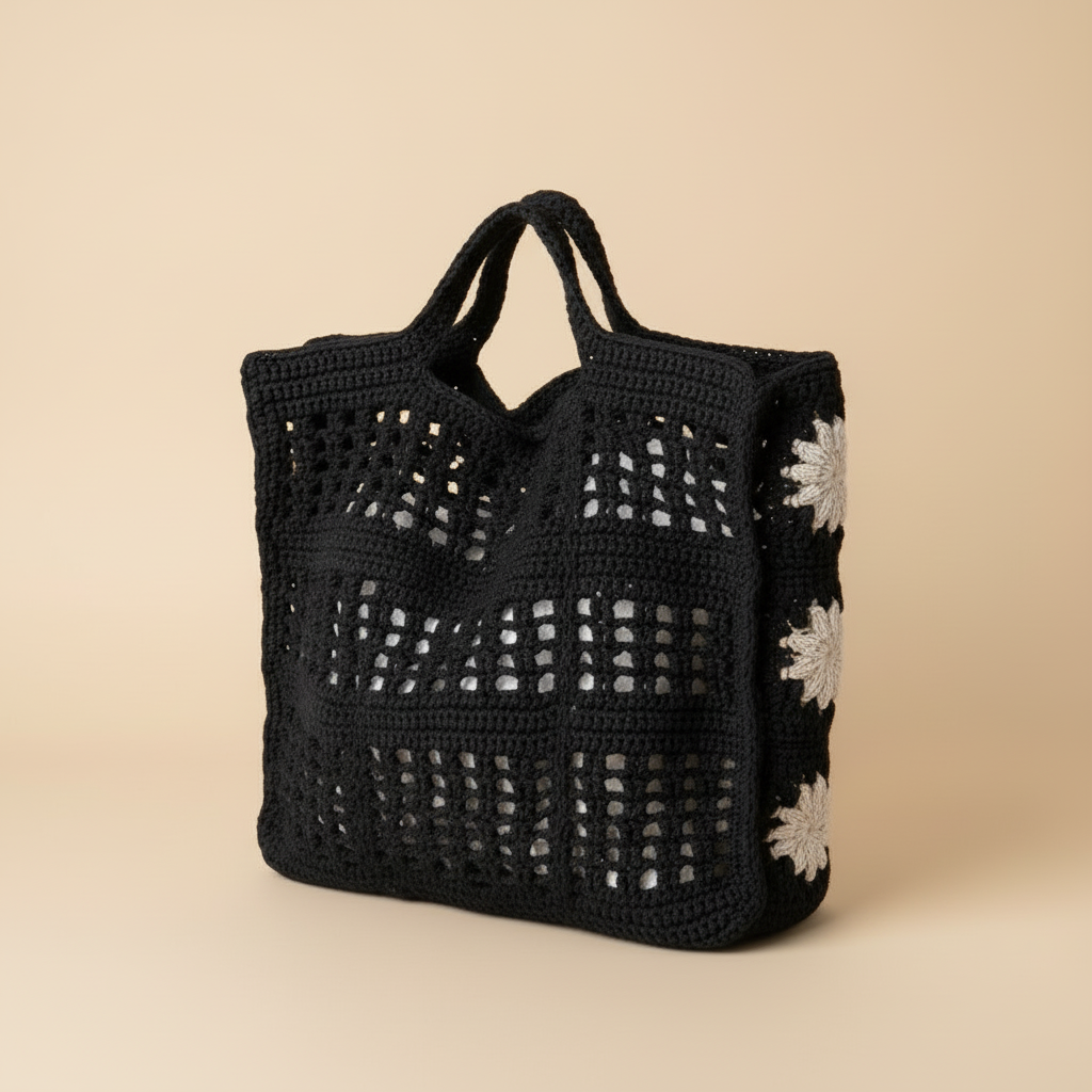 Black Crochet Flower Tote – Right-Facing 3/4 View
