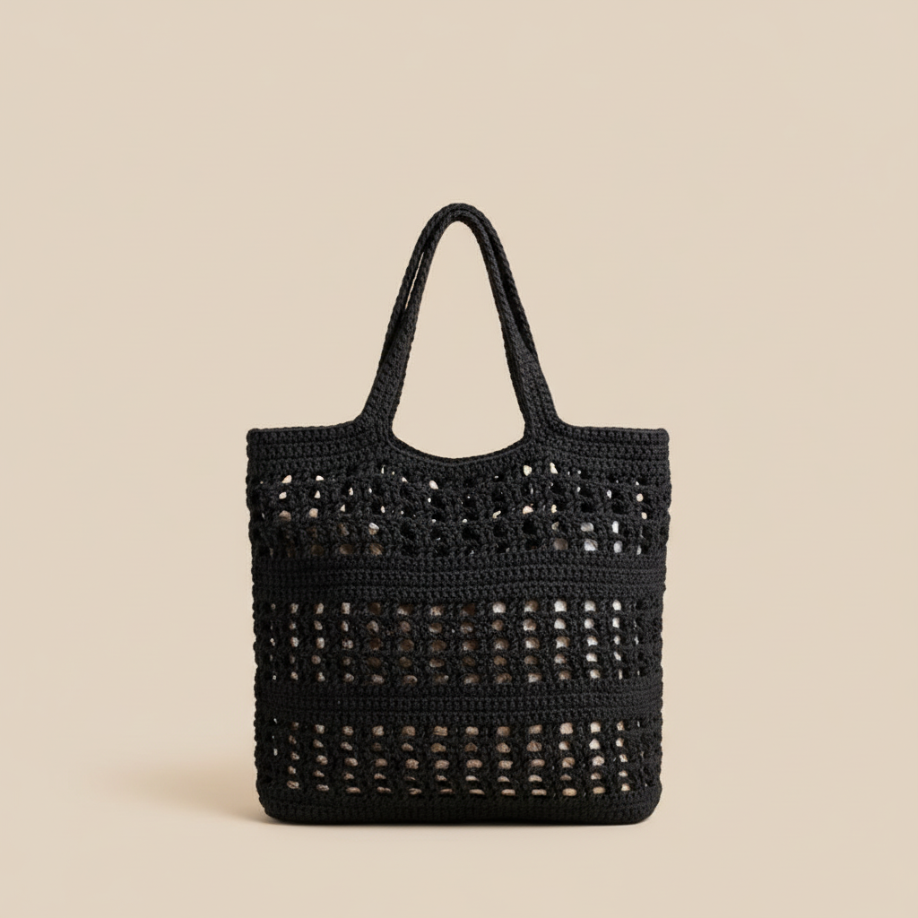 Black Crochet Tote Bag – Beige Background