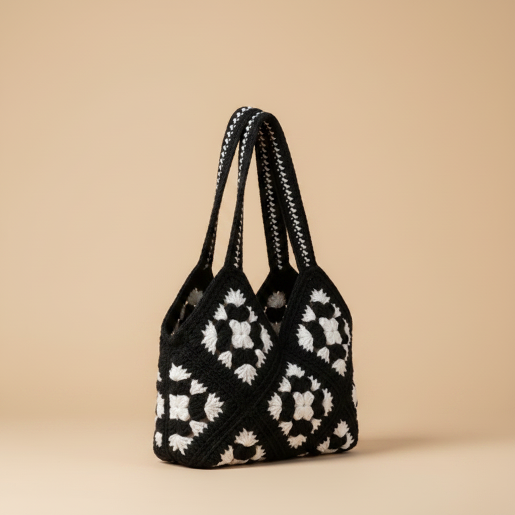 Black & White Crochet Tote — Angled Left