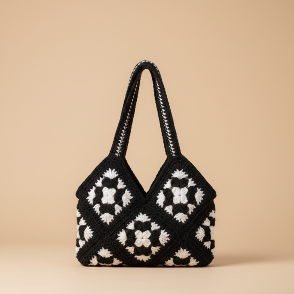 Black & White Crochet Tote — Square Format