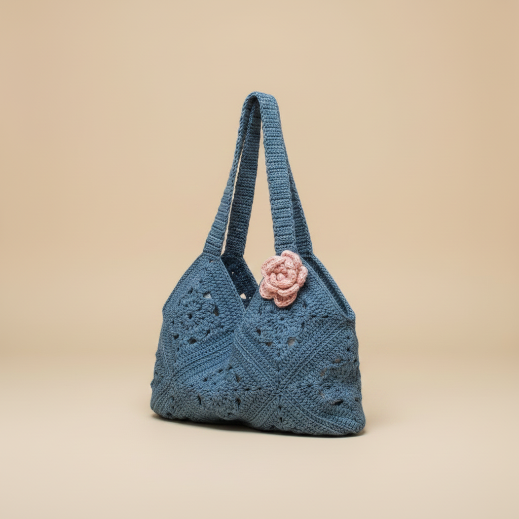 Blue Crochet Bag — 3/4 Turn Beige Background