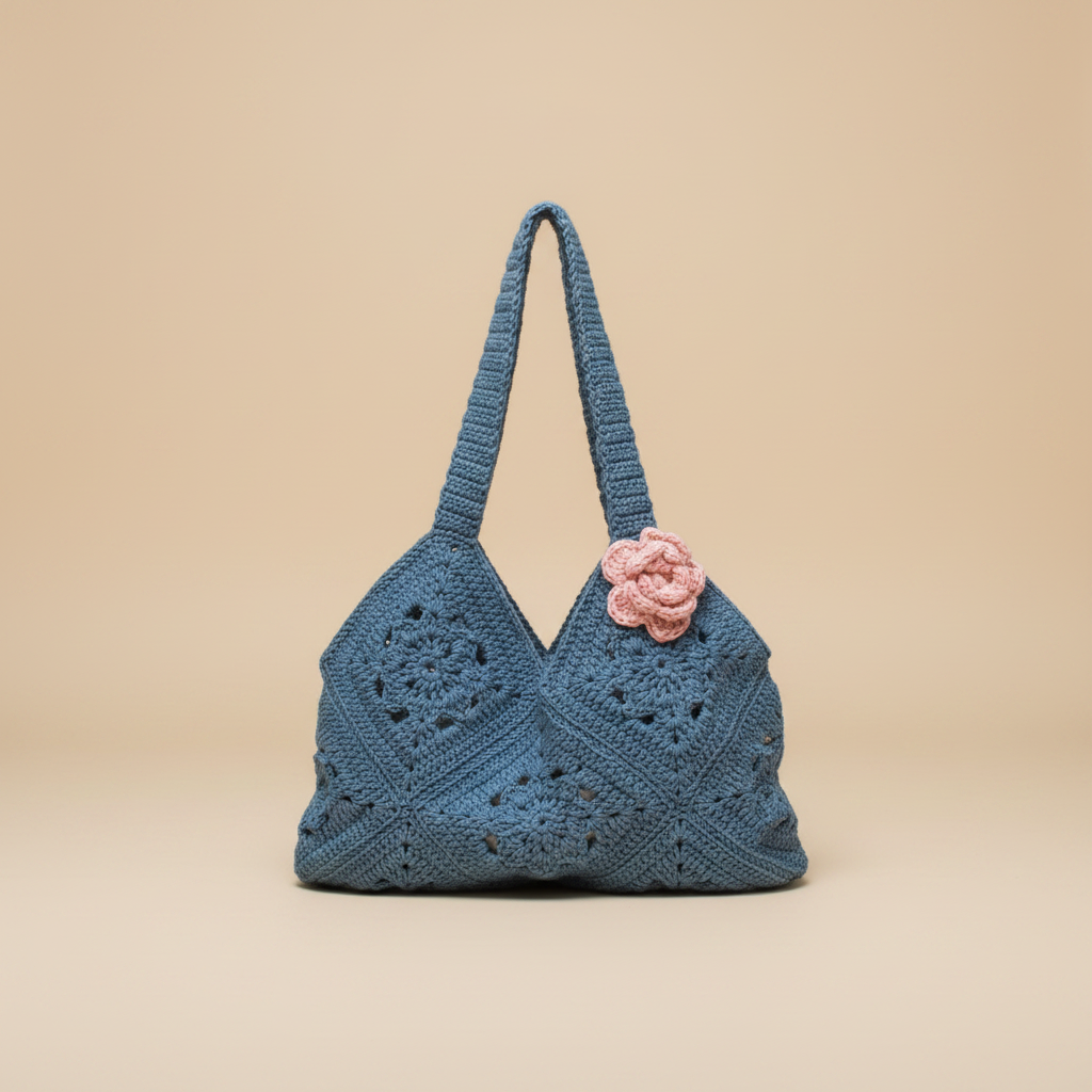 Blue Crochet Bag — Beige Background
