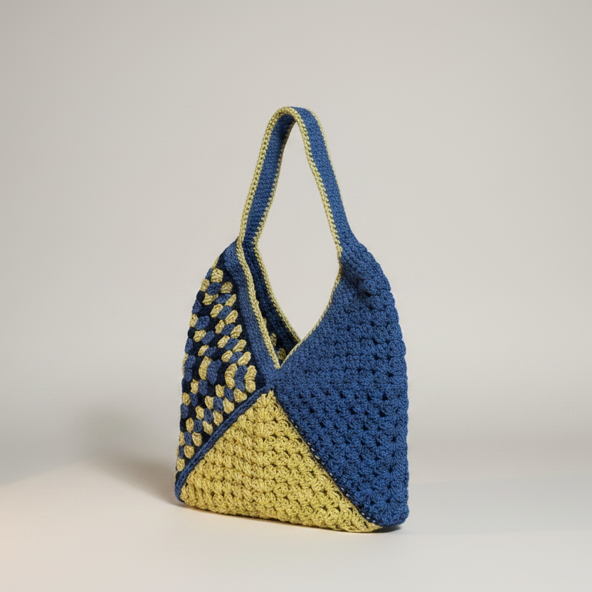 Bolso azul y amarillo girado ligeramente a la izquierda
