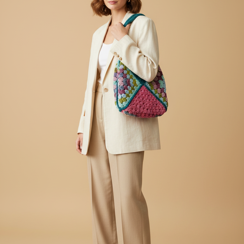 Bolso crochet con modelo - editorial fashion