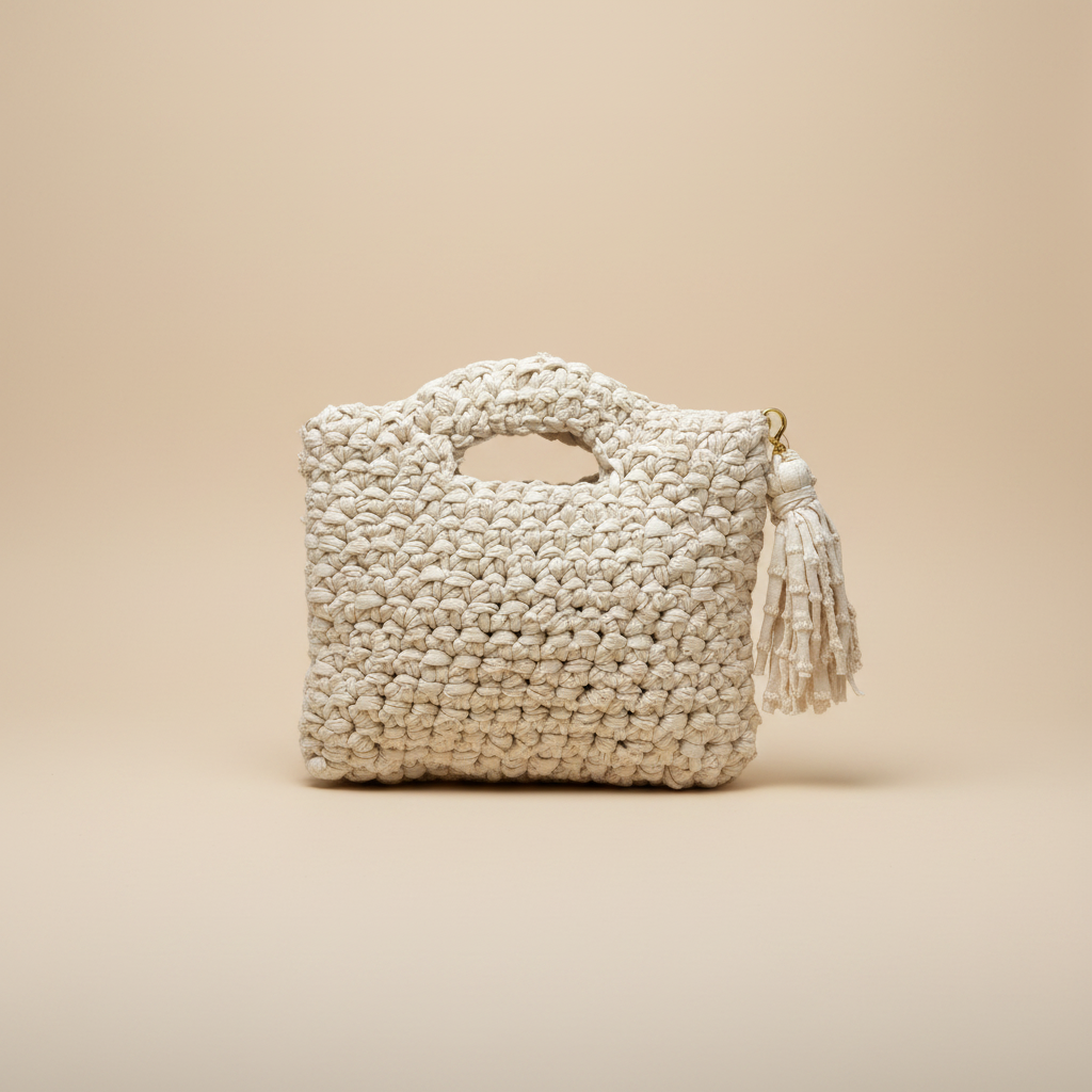 Bolso crochet crema - fondo beige
