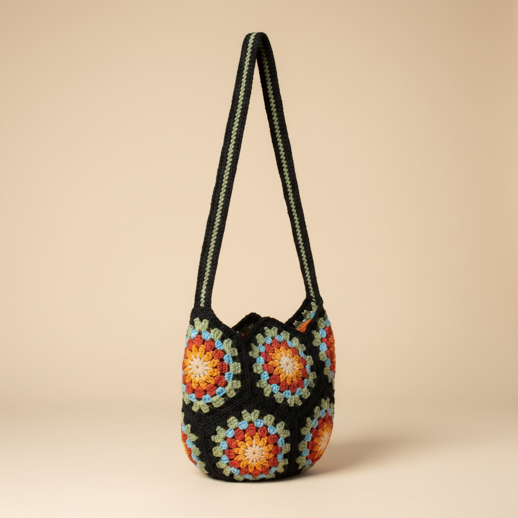 Bolso Crochet Granny Square - Vista 3/4 Fondo Beige