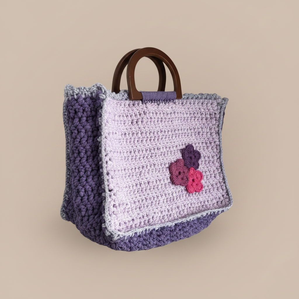 Bolso crochet lavanda y morado - vista girada a la izquierda