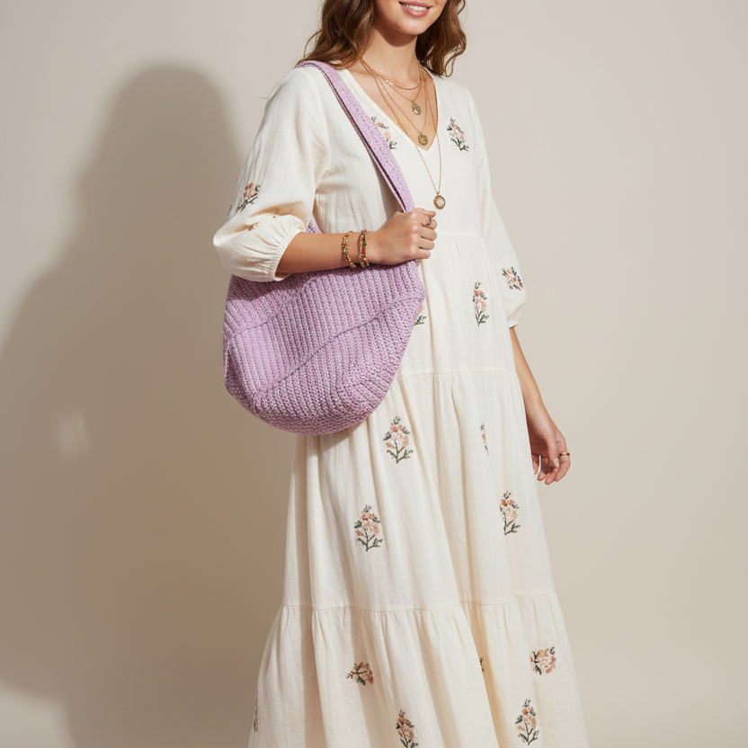 Bolso Crochet Lila — Modelo Posando