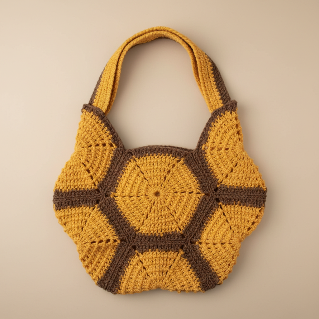 Bolso crochet mostaza y marrón - fondo beige