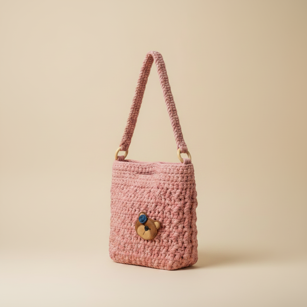 Bolso crochet rosa - vista girada a la izquierda