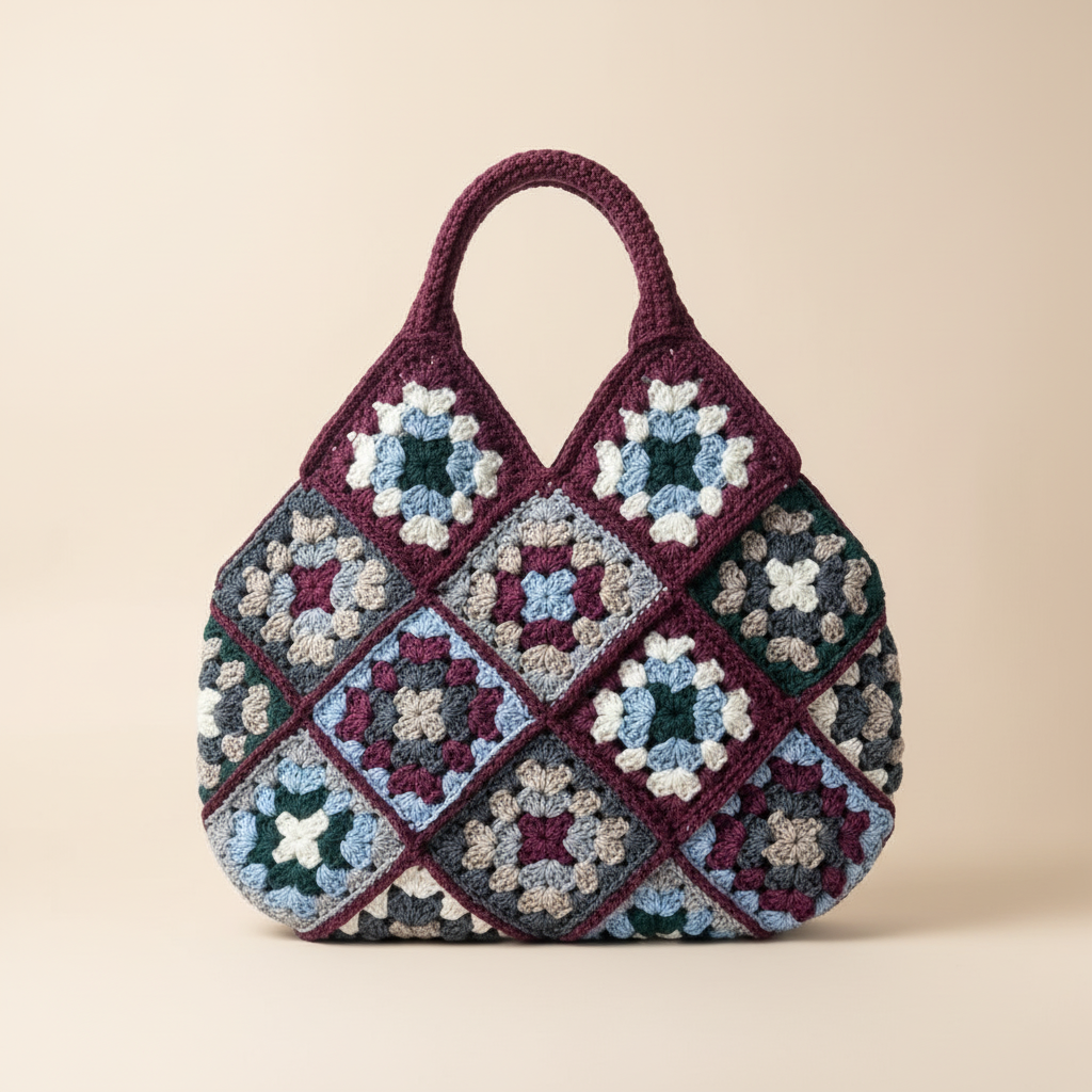Burgundy Crochet Bag - Front - Beige Background