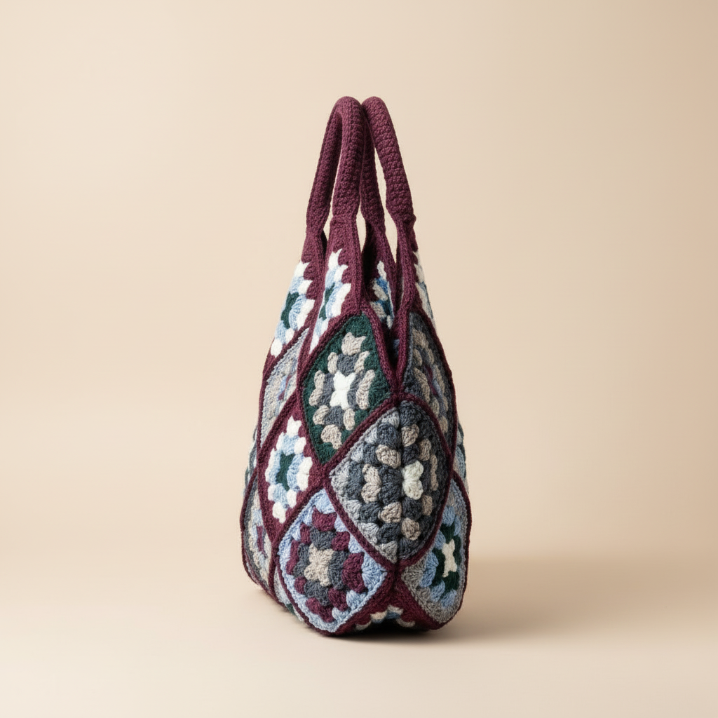 Burgundy Crochet Bag - Side - Beige Background