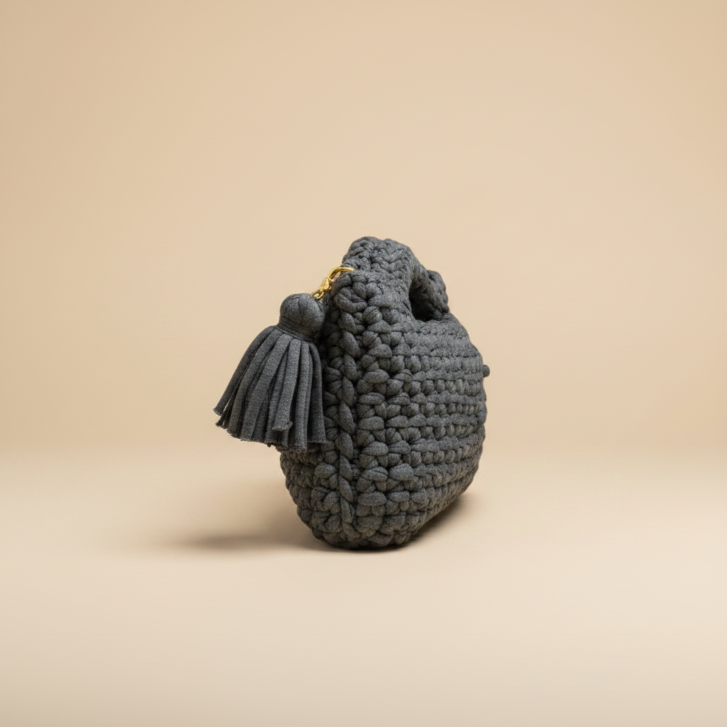 Charcoal bag turned to the left on beige background