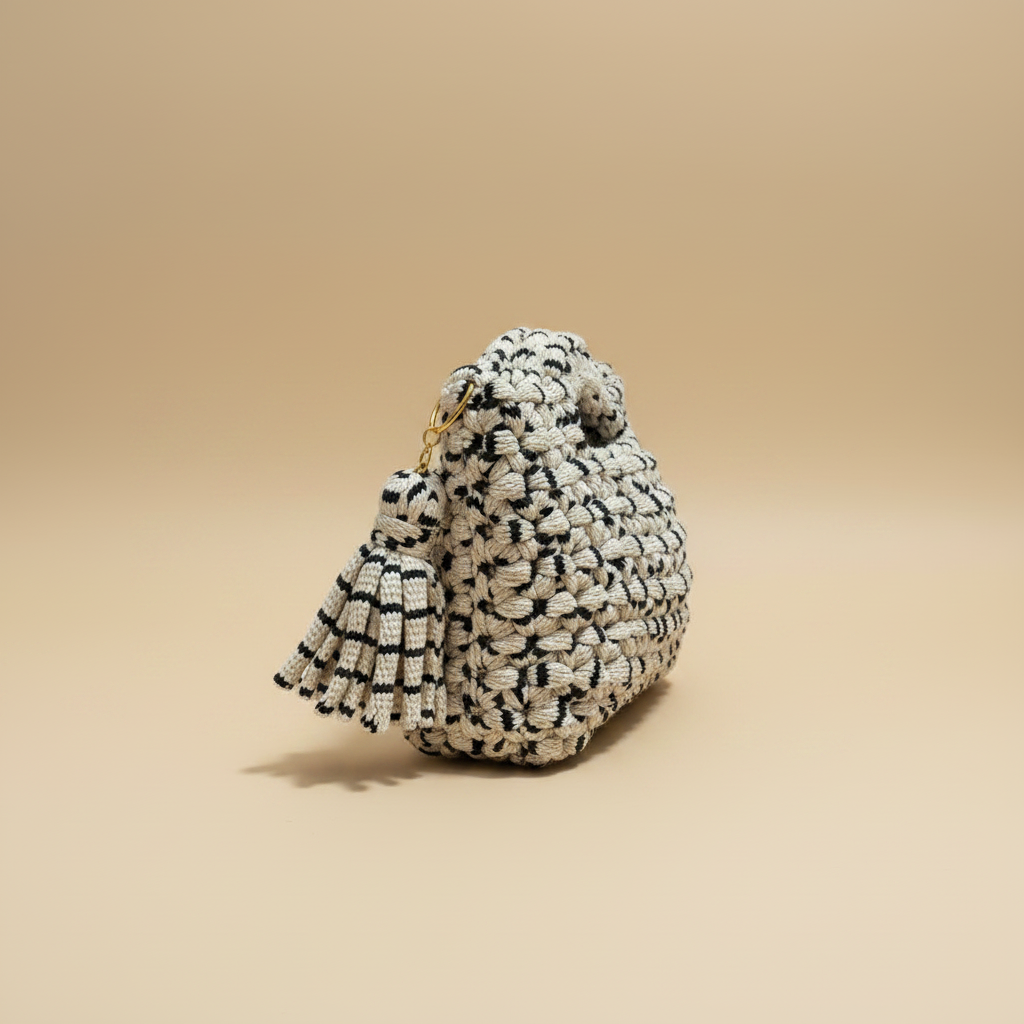 Cream & black bag turned to the left on beige background