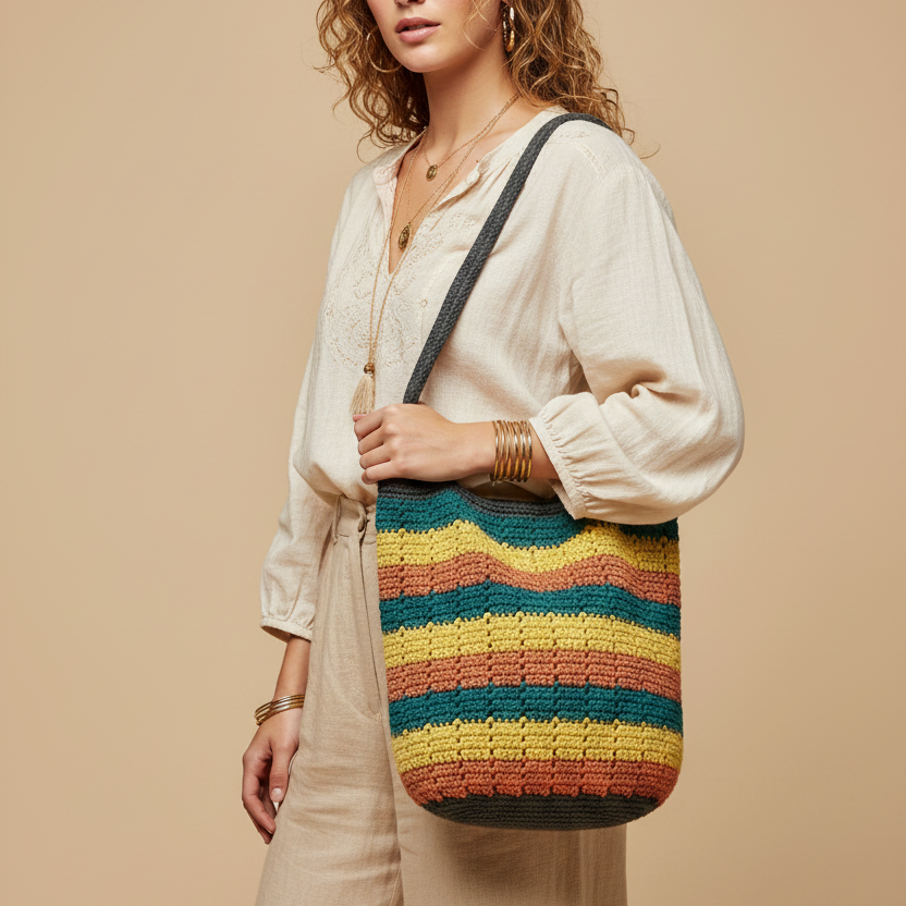 Crochet Bag — Model Pose, Beige Background