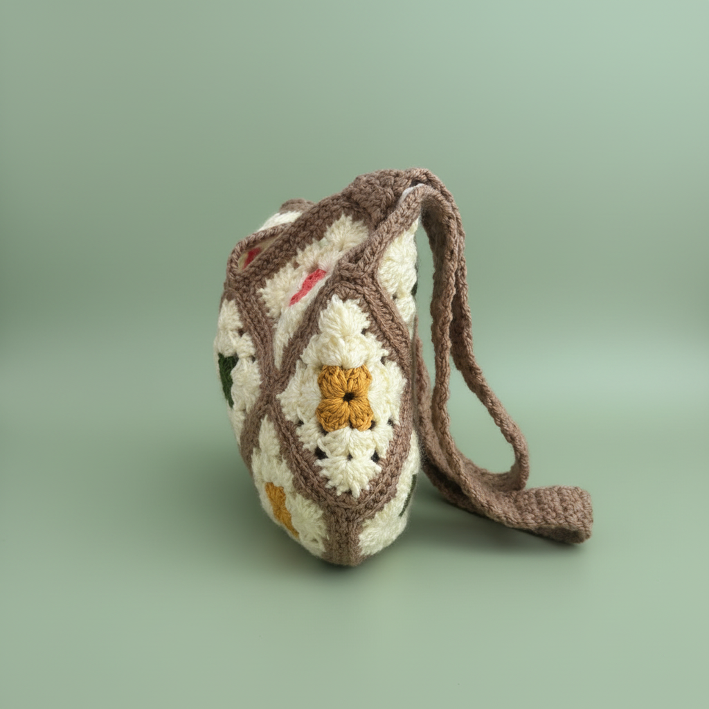 Crochet bag side view on sage green background