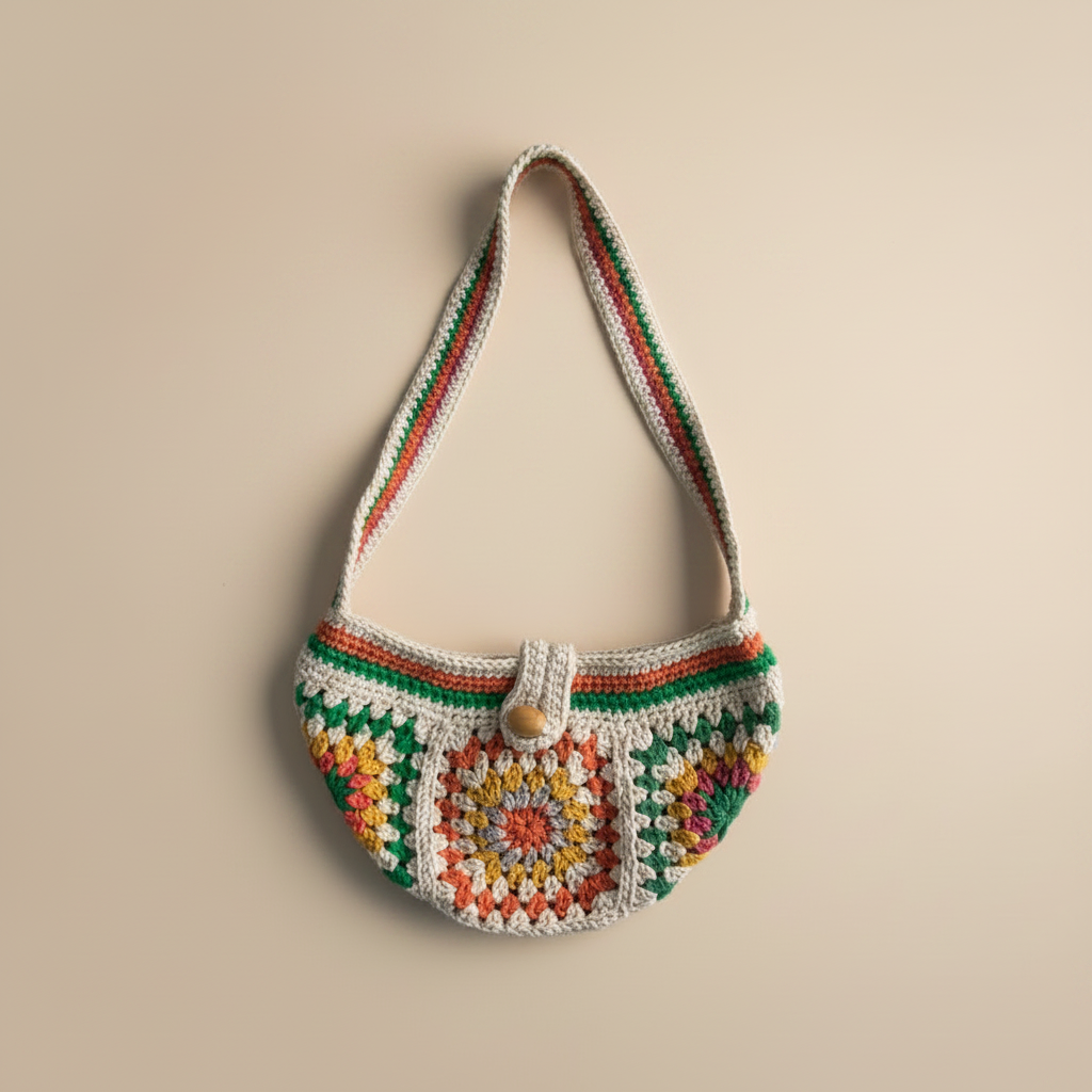 Crochet bag with straightened handle