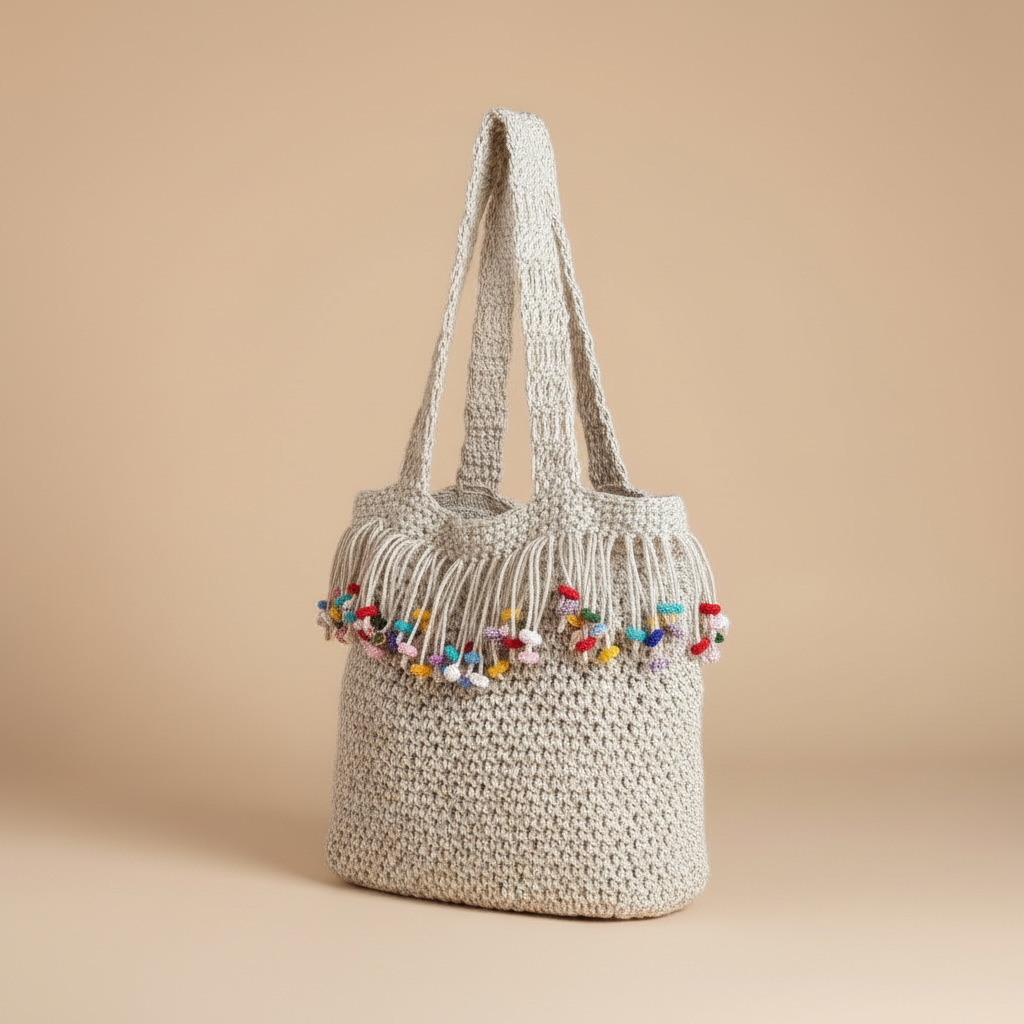 Crochet Beach Tote – 3/4 Angle Beige Background