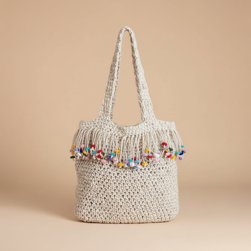 Crochet Beach Tote – Beige Background