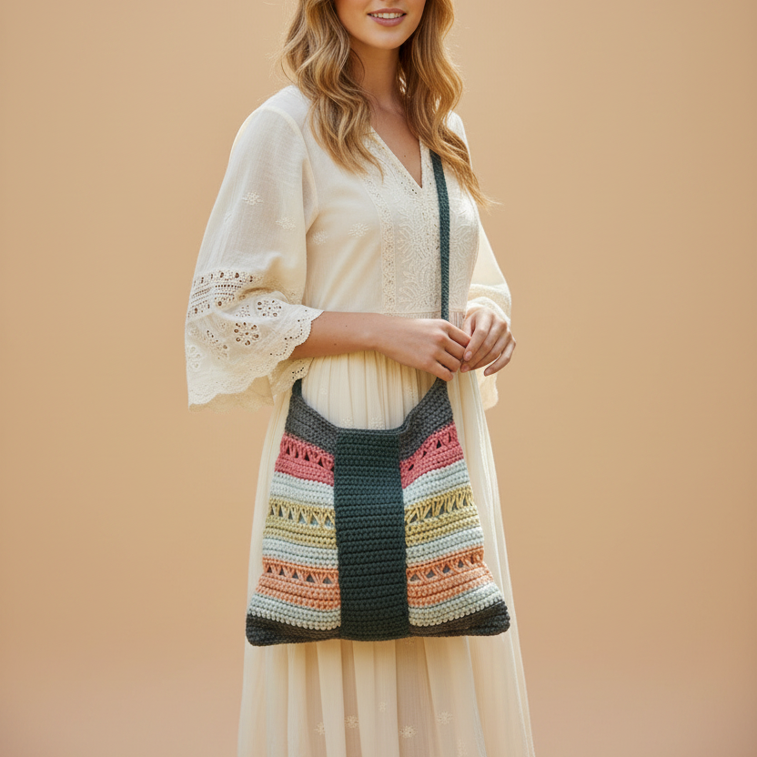 Crochet Boho Bag – Model on Beige Background