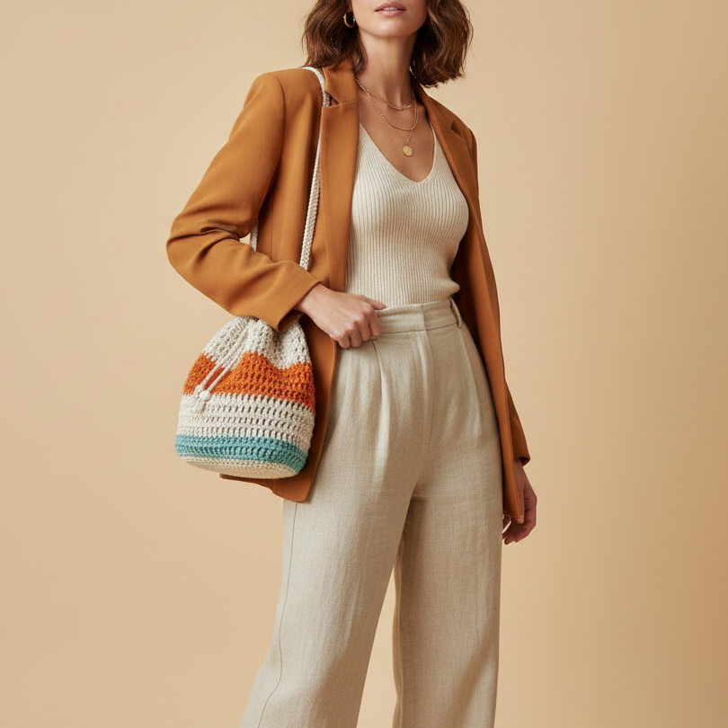 Crochet Bucket Bag — Model Pose