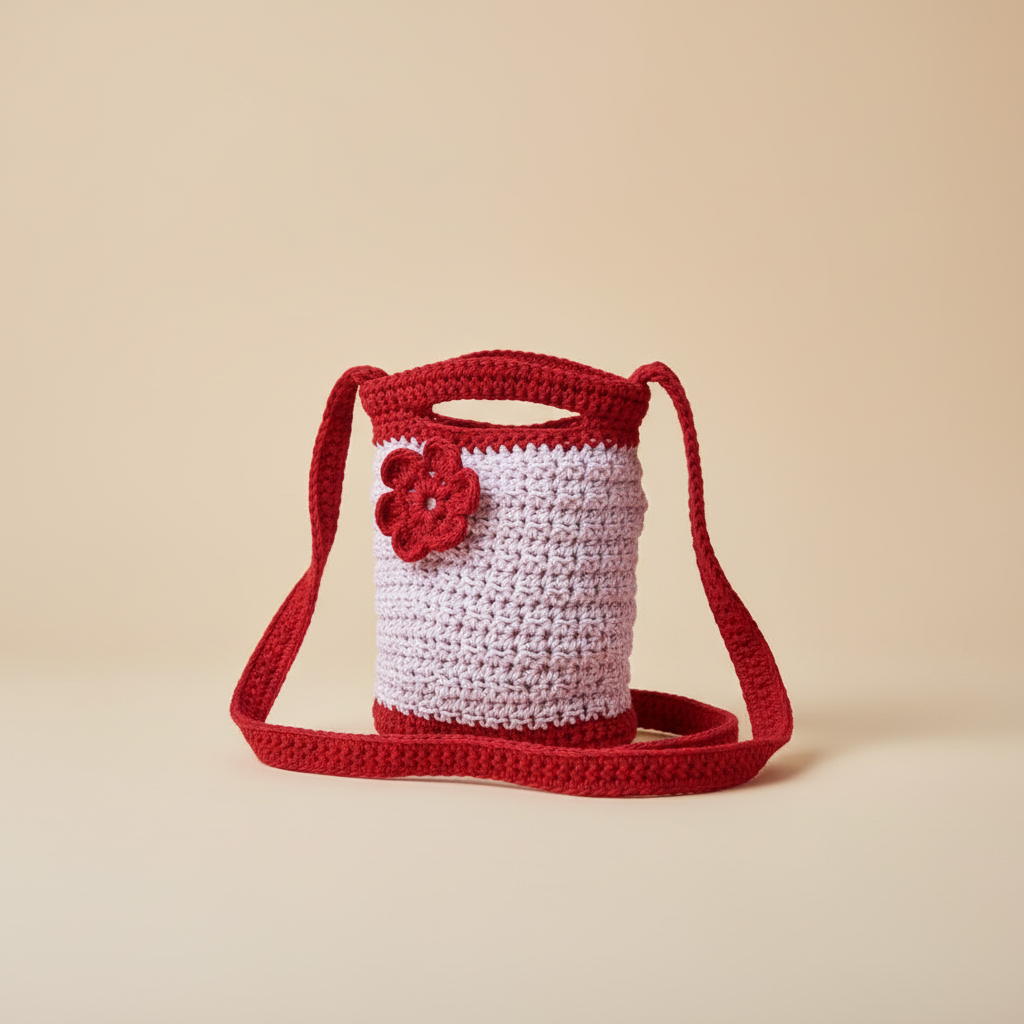 Crochet Crossbody Bag – 3/4 View Beige Background
