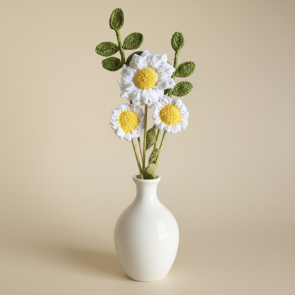 Crochet Daisy Bouquet in Vase — Studio Shot