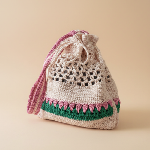 Crochet Drawstring Bag – Opposite 3/4 Product Photo