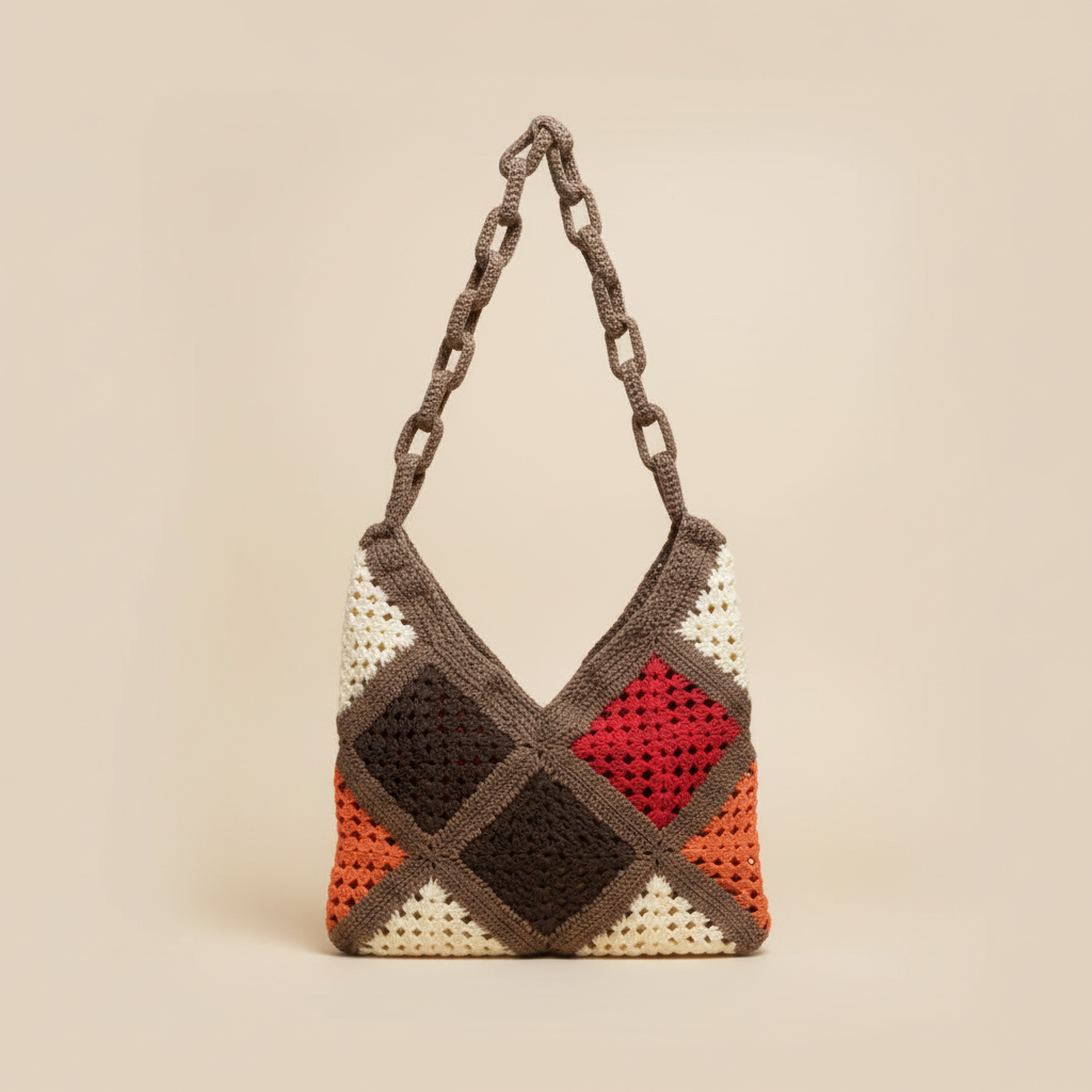 Crochet Granny Square Bag – Beige Background