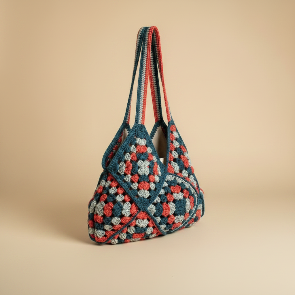 Crochet Granny Square Bag — Left 3/4 View