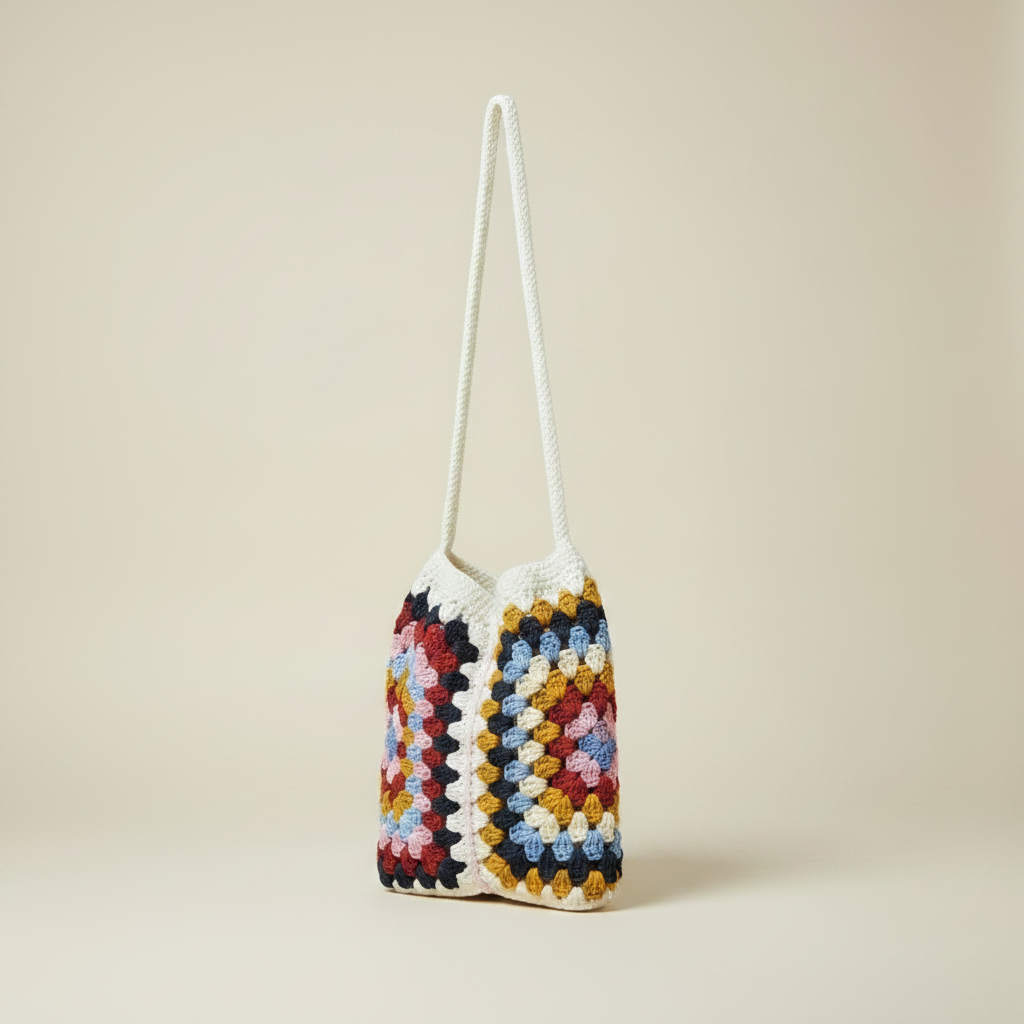 Crochet Granny Square Tote Bag – 3/4 View