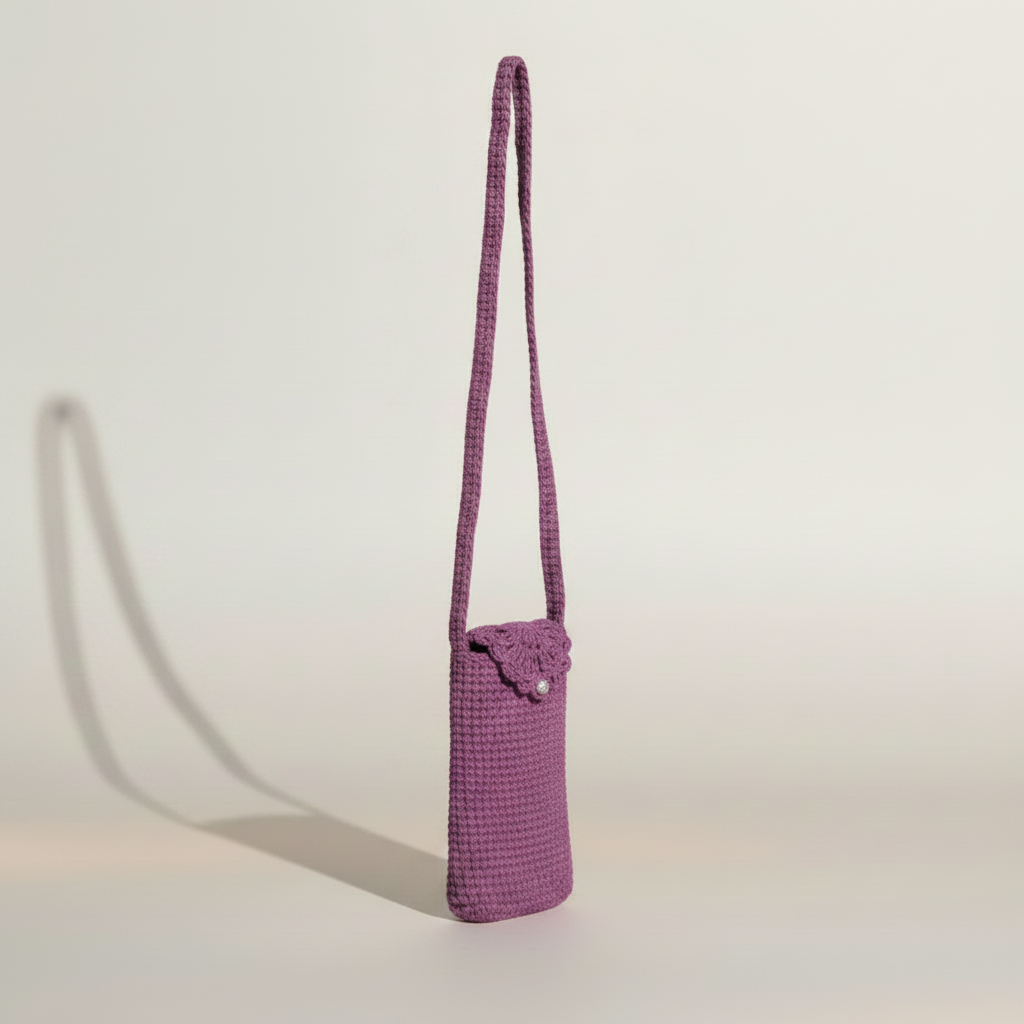 Crochet purple phone bag turned left