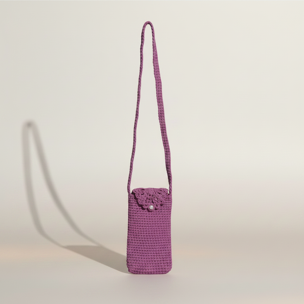 Crochet purple phone bag with straight strap