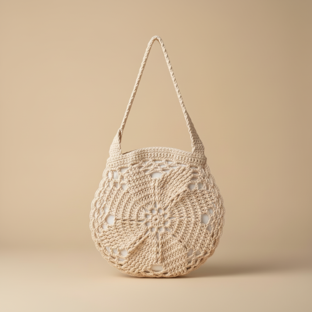 Crochet Round Bag Light Beige – Beige Background