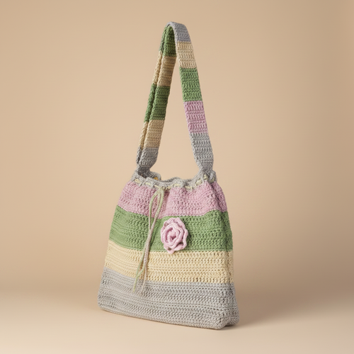 Crochet Striped Bucket Bag — Left 3/4 View