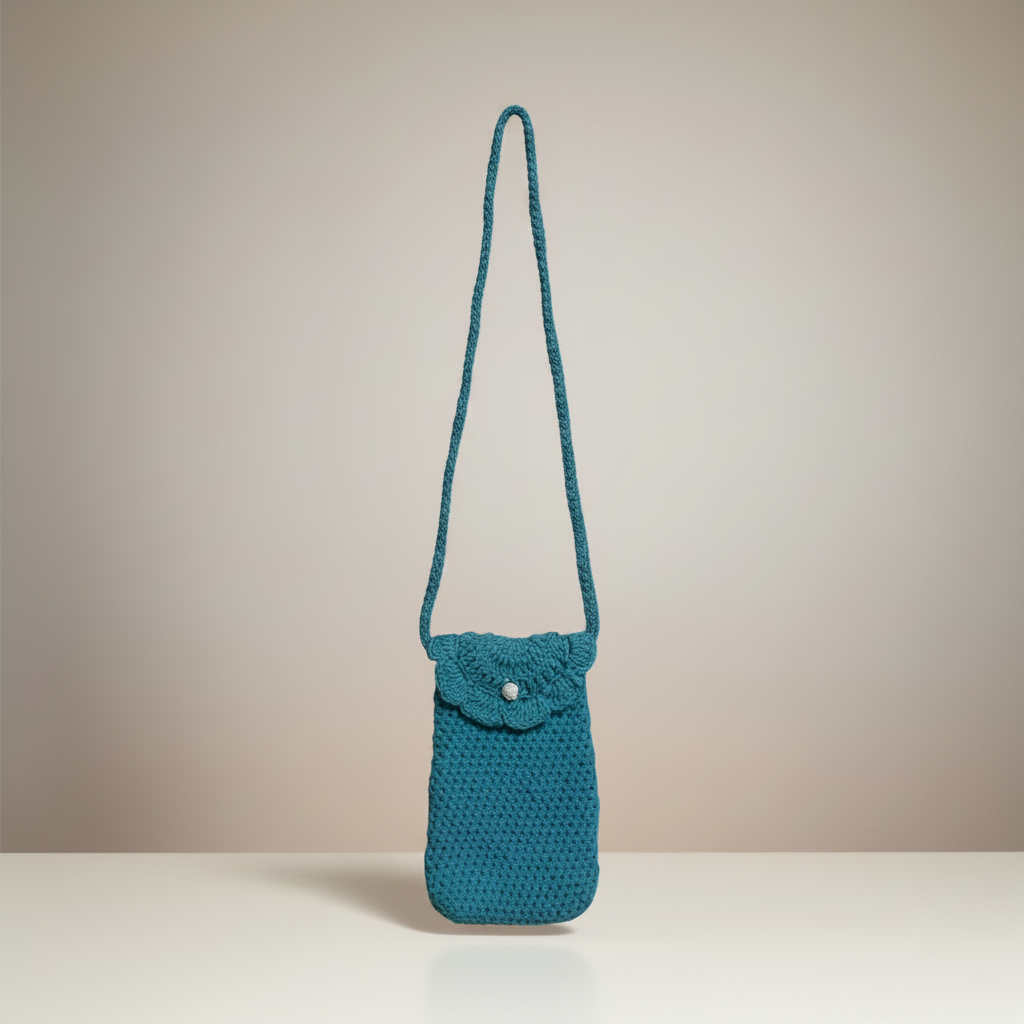 Crochet teal bag with straight strap