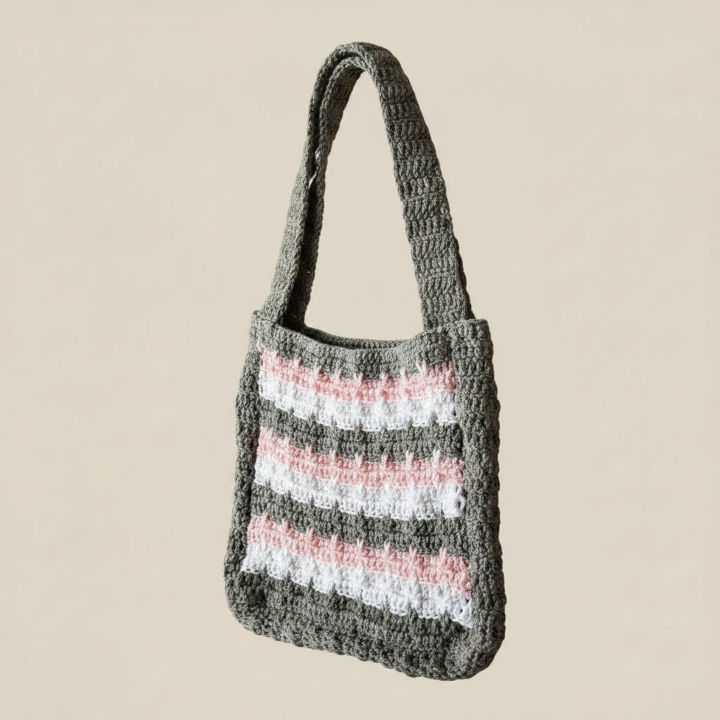Crochet Tote Bag – 3/4 Left Angle on Beige
