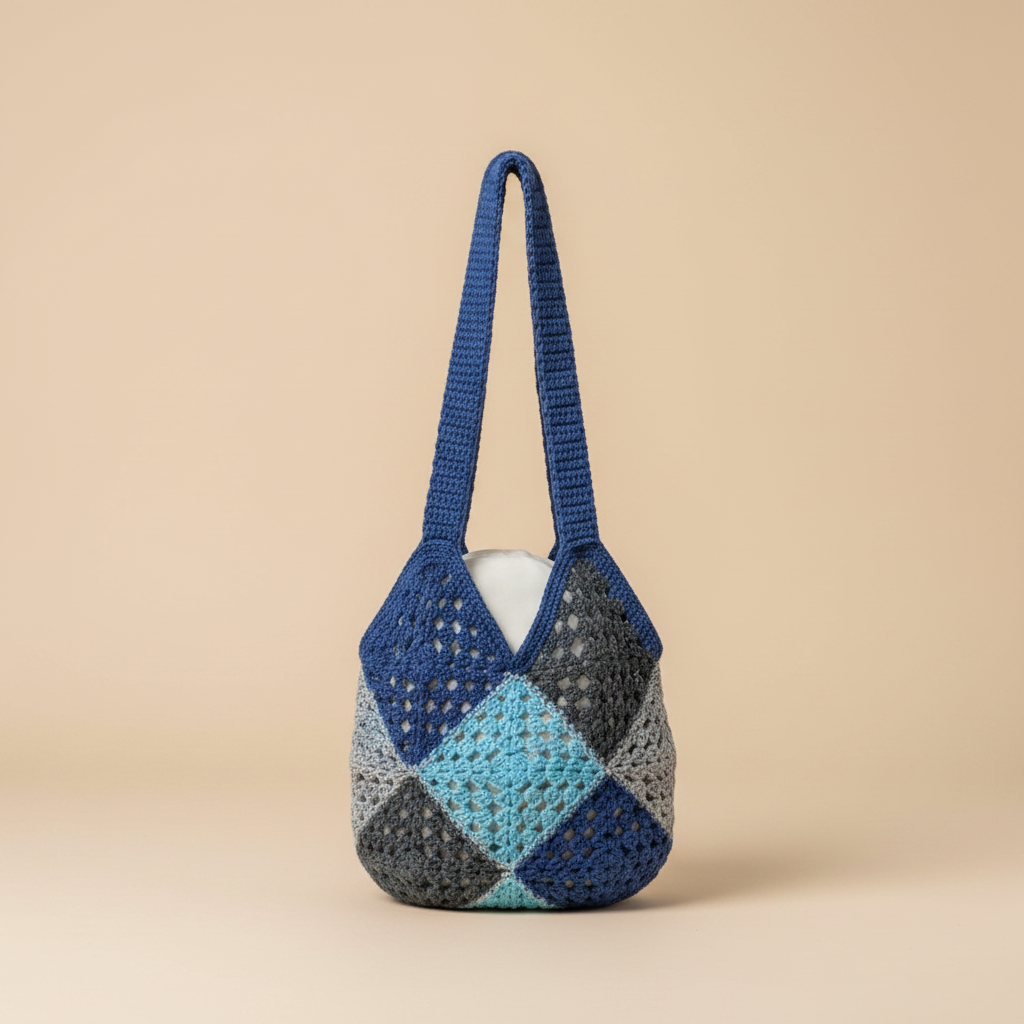 Crochet Tote Bag Azul – Fondo Beige