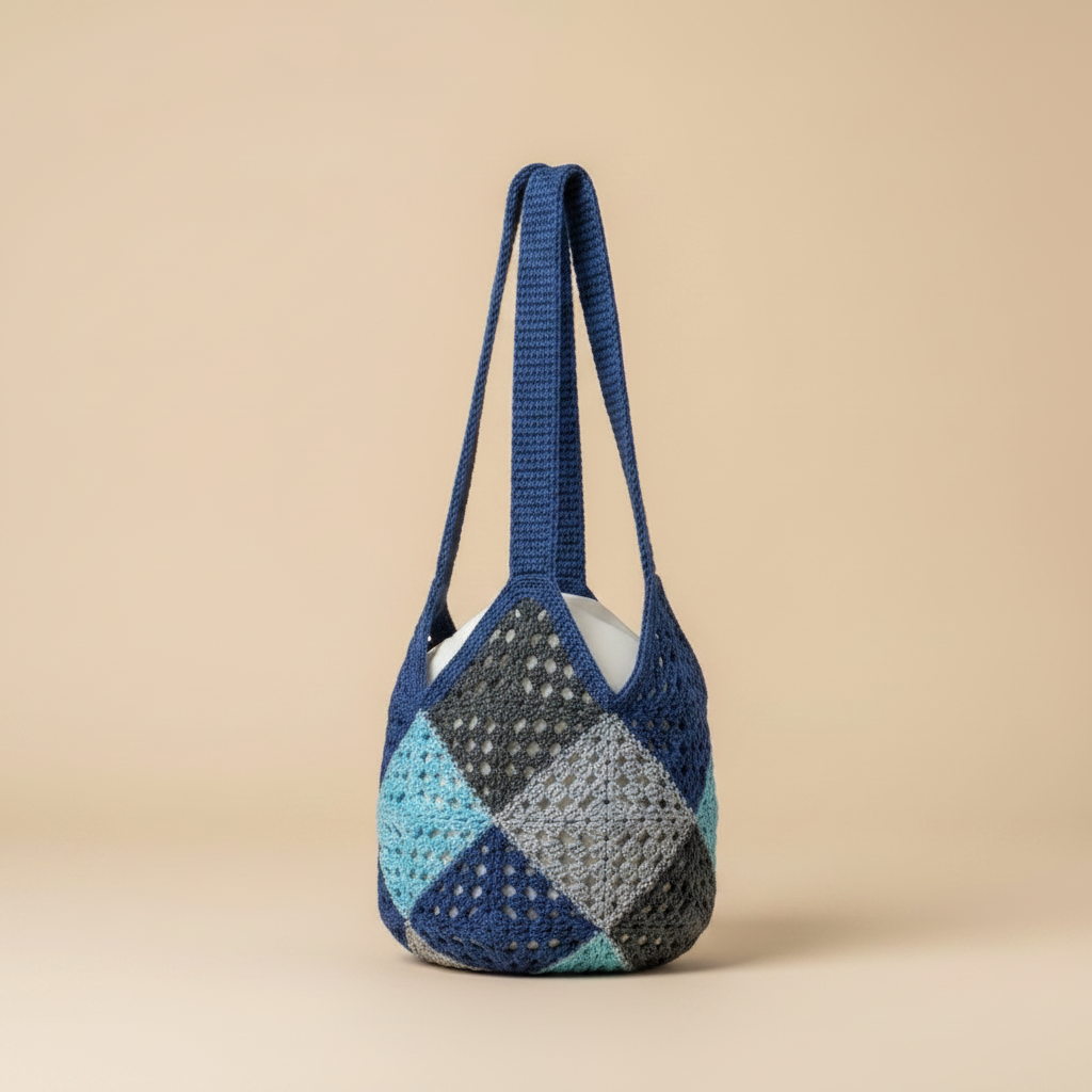 Crochet Tote Bag Azul – Vista Izquierda