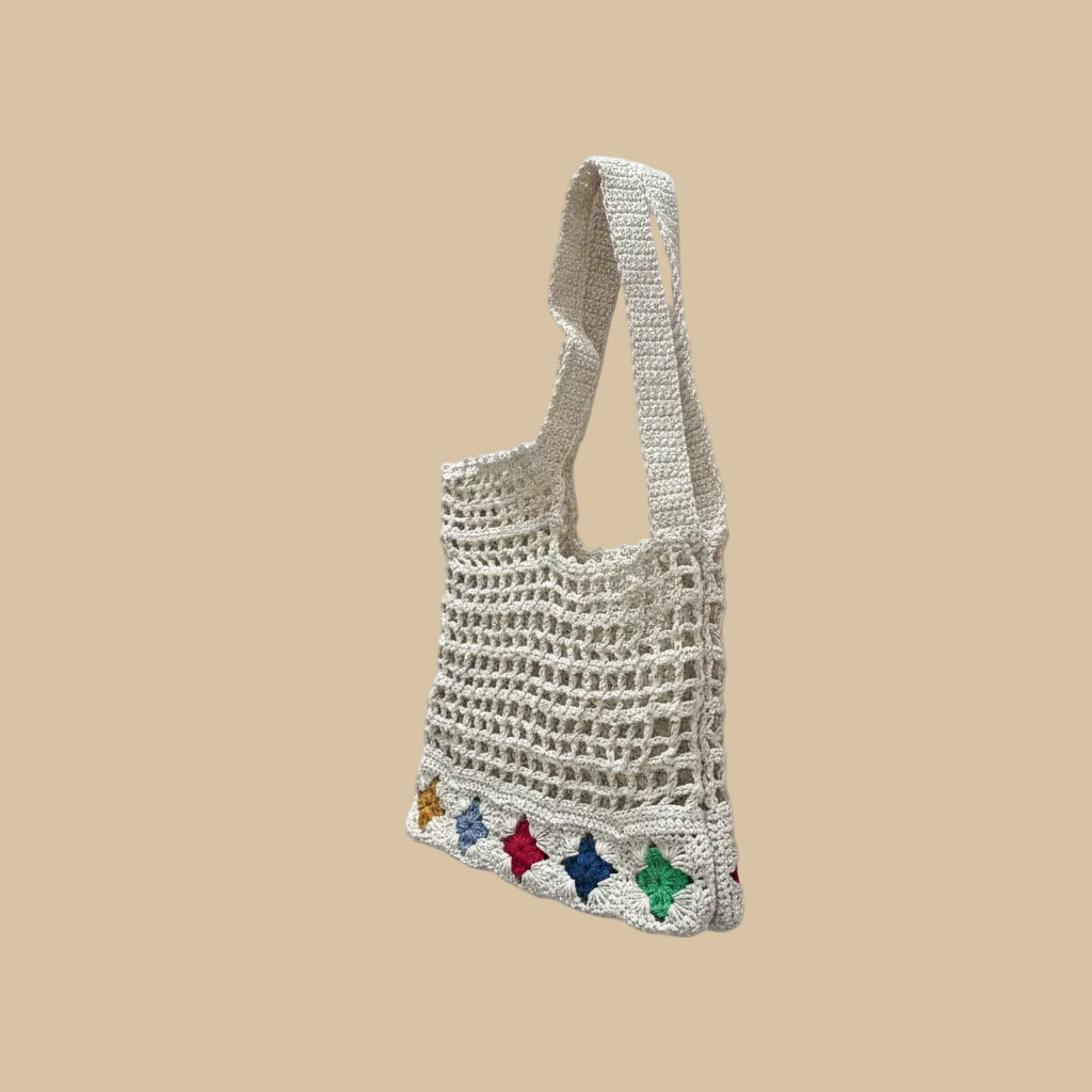 Crochet tote bag turned slightly left