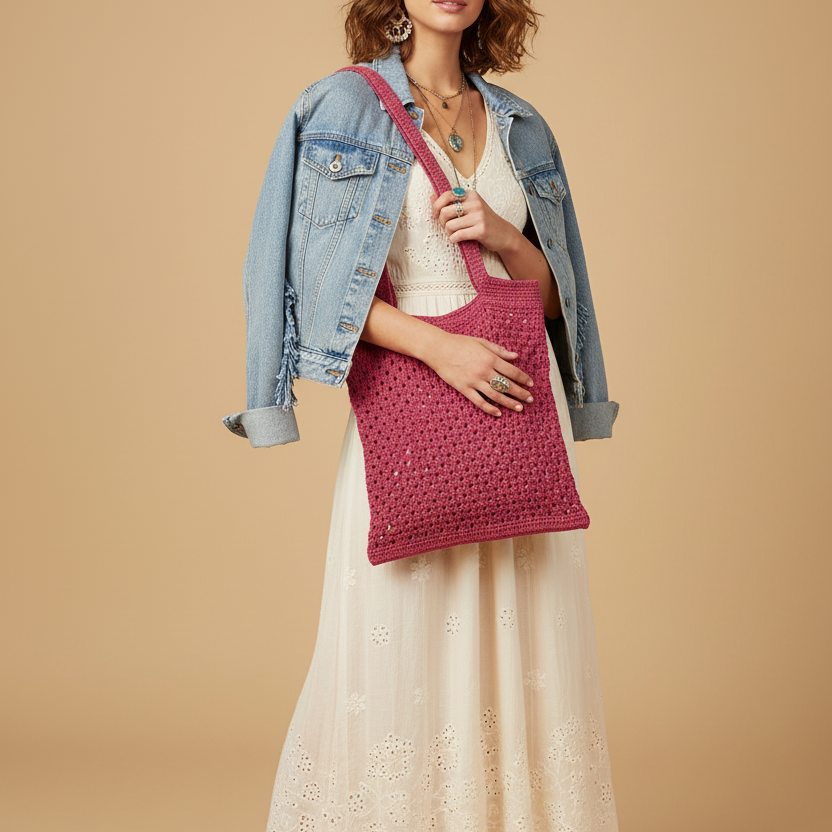 Fresa Crochet Tote — Model Beige Background