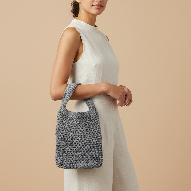 Gray Crochet Tote – Model Pose