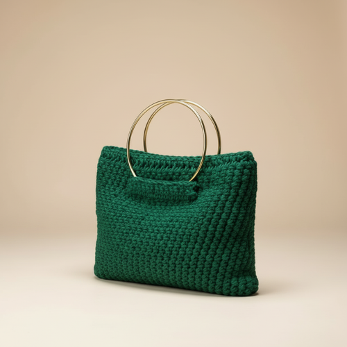 Green Crochet Bag – 3/4 Turn Beige Background
