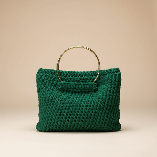 Green Crochet Bag – Beige Background