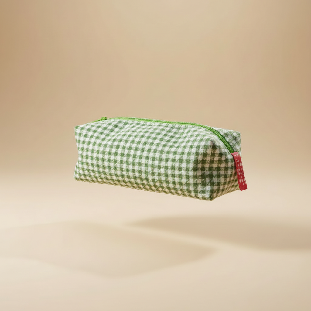 Green vichy pencil case - 3/4 angle no shadow