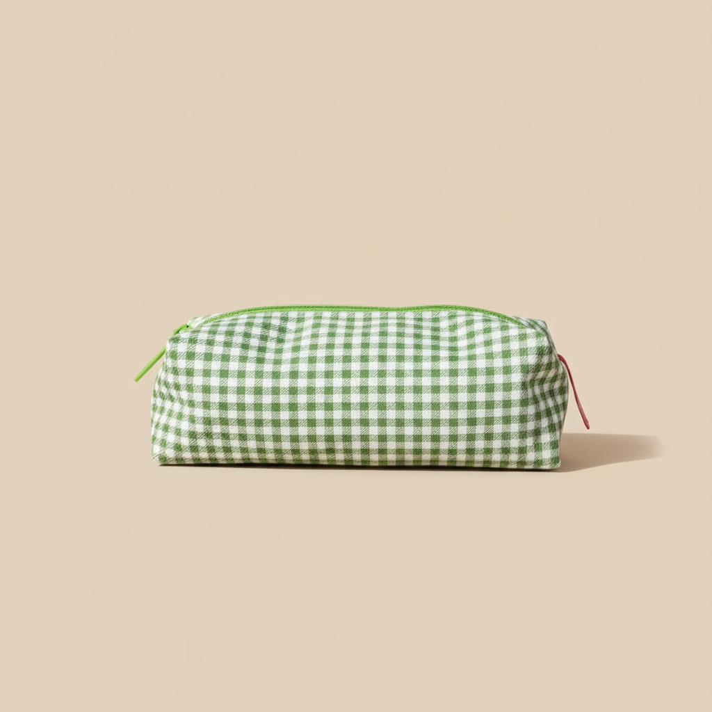 Green vichy pencil case - front view beige background