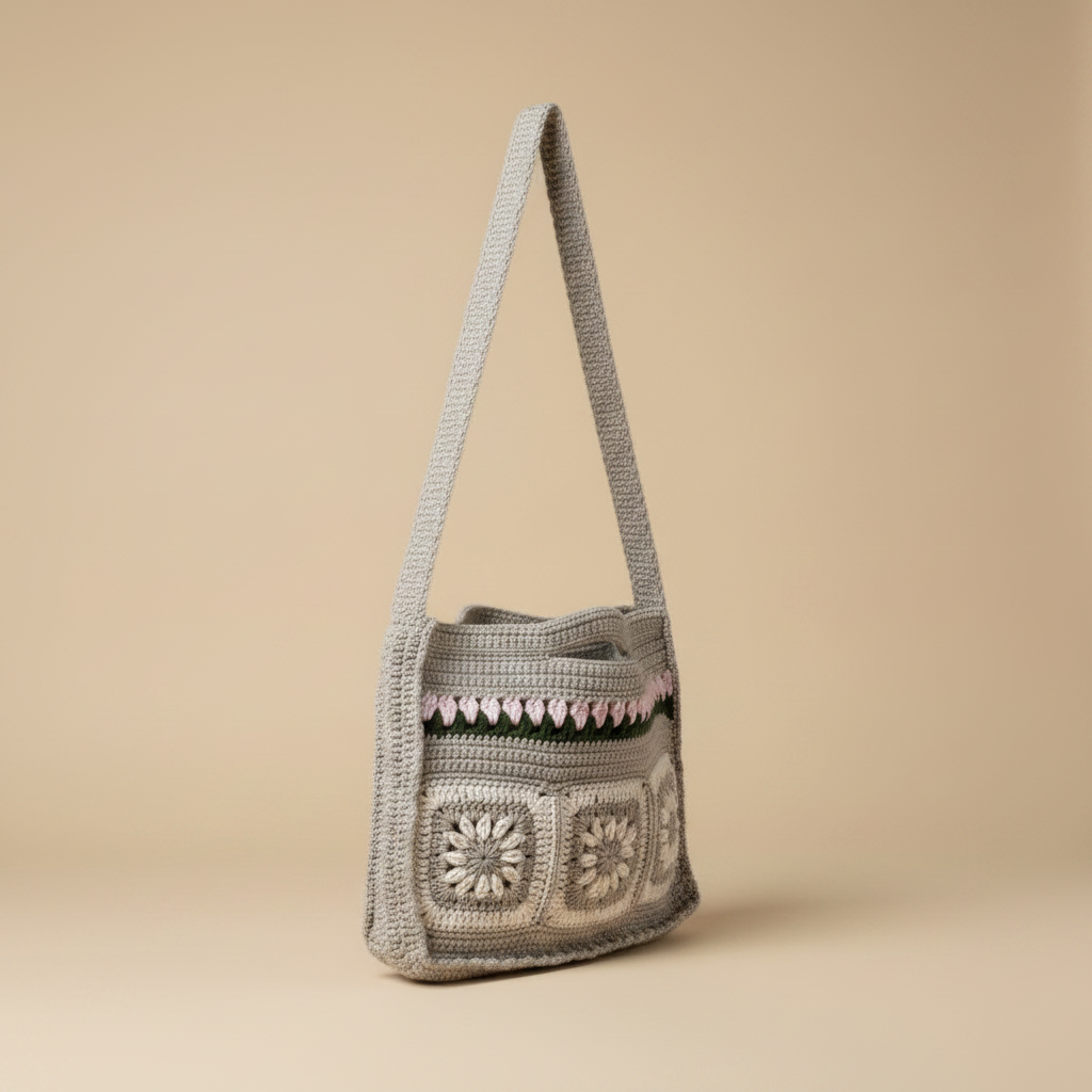 Grey Floral Crochet Crossbody - Slight Left Turn
